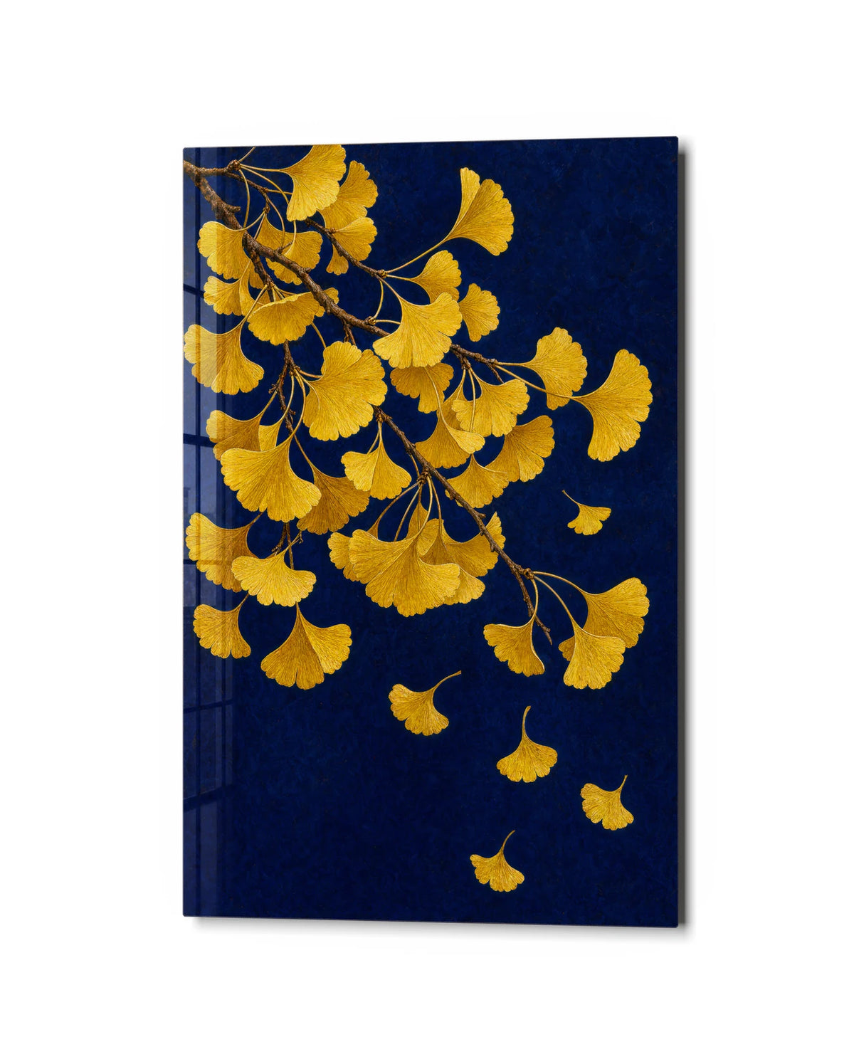 Gold Leaves Blue Ground — studio view of glass wall art