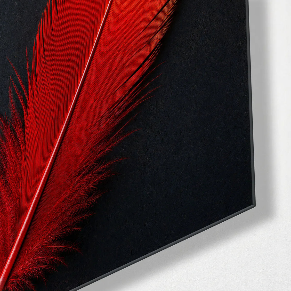 Red Feather Blue Tip — corner detail of glass wall art