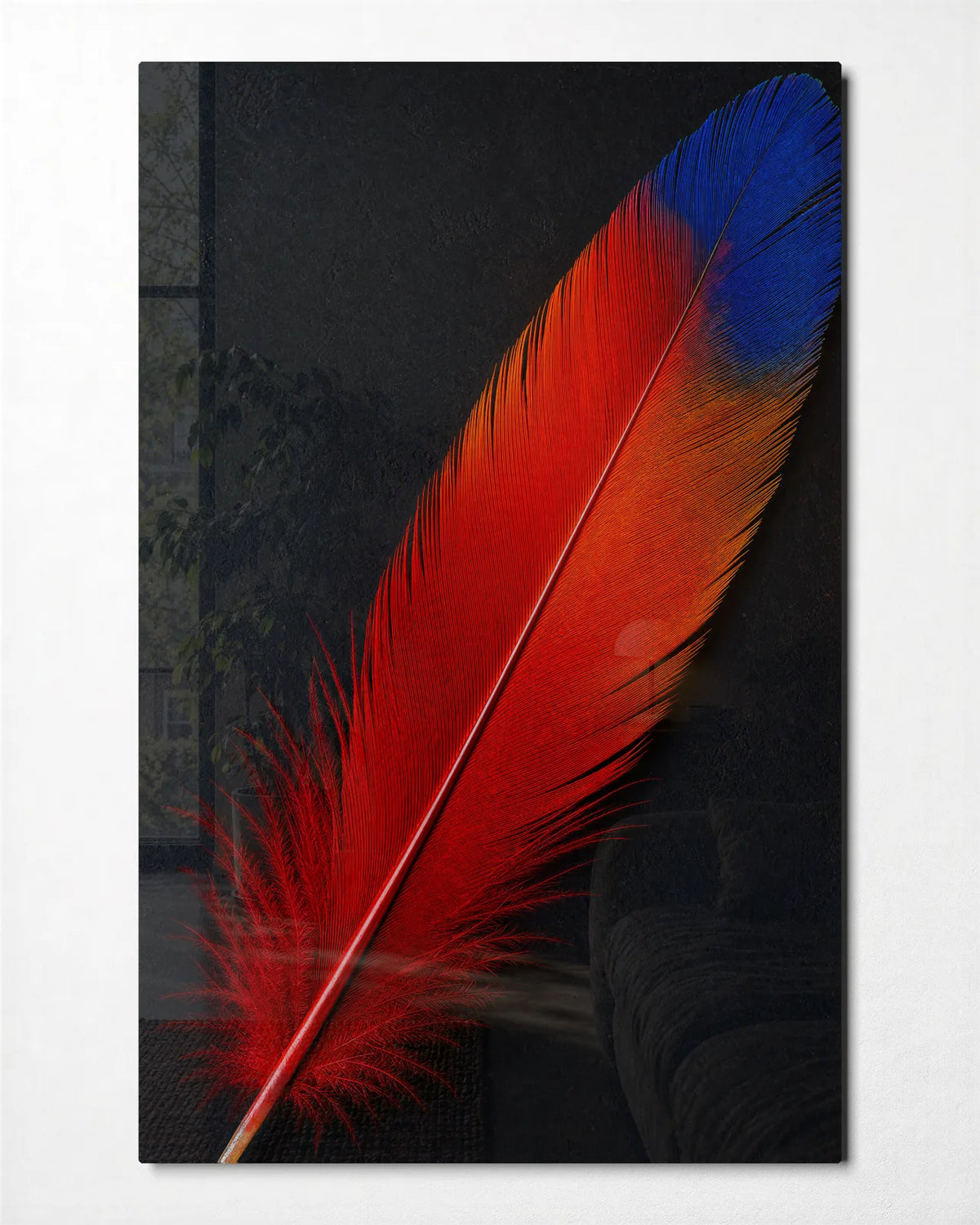 Red Feather Blue Tip — front view of glass wall art