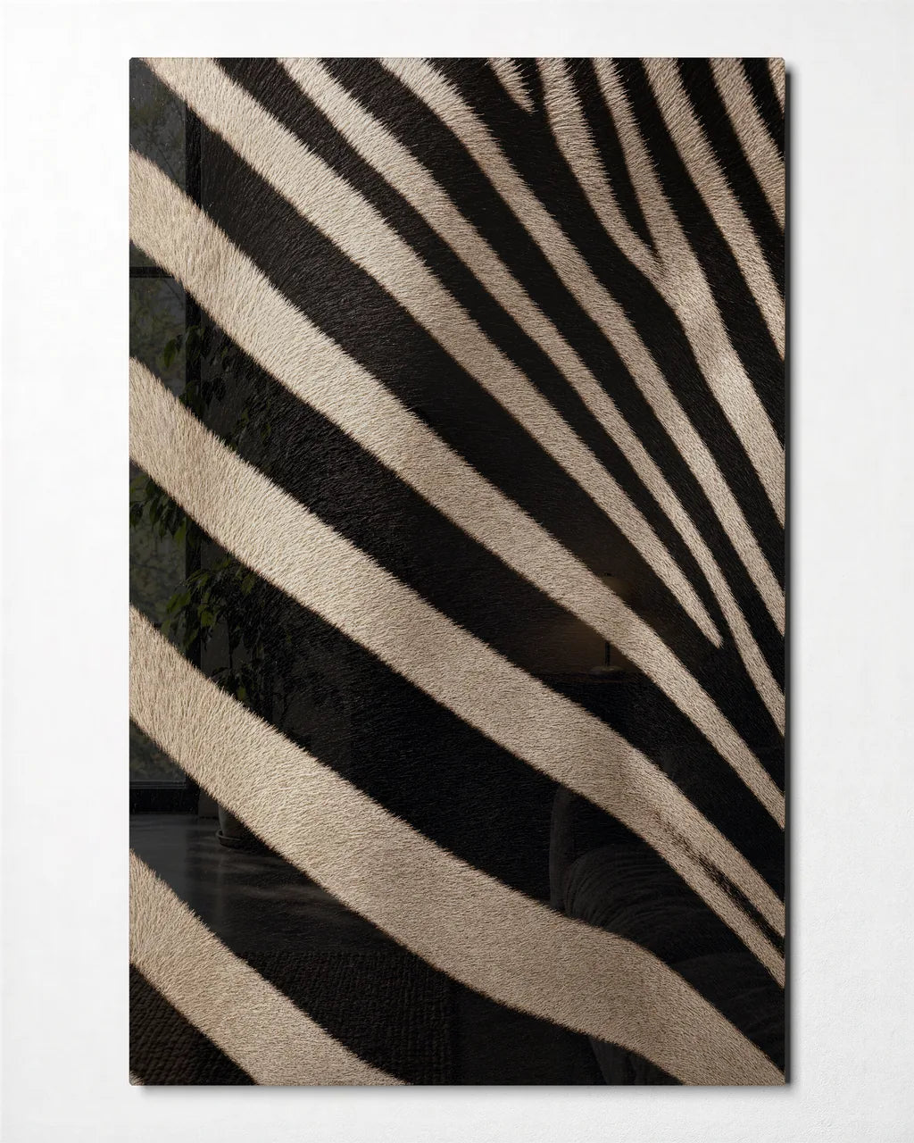 Zebra Close — front view of glass wall art