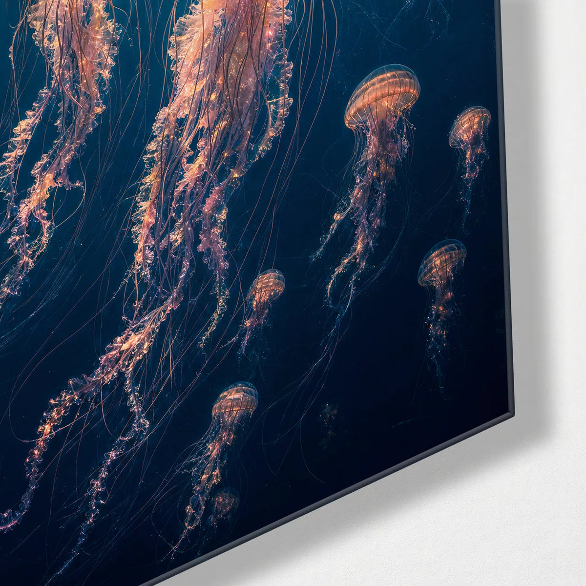 Lanterns Underwater — corner detail of glass wall art