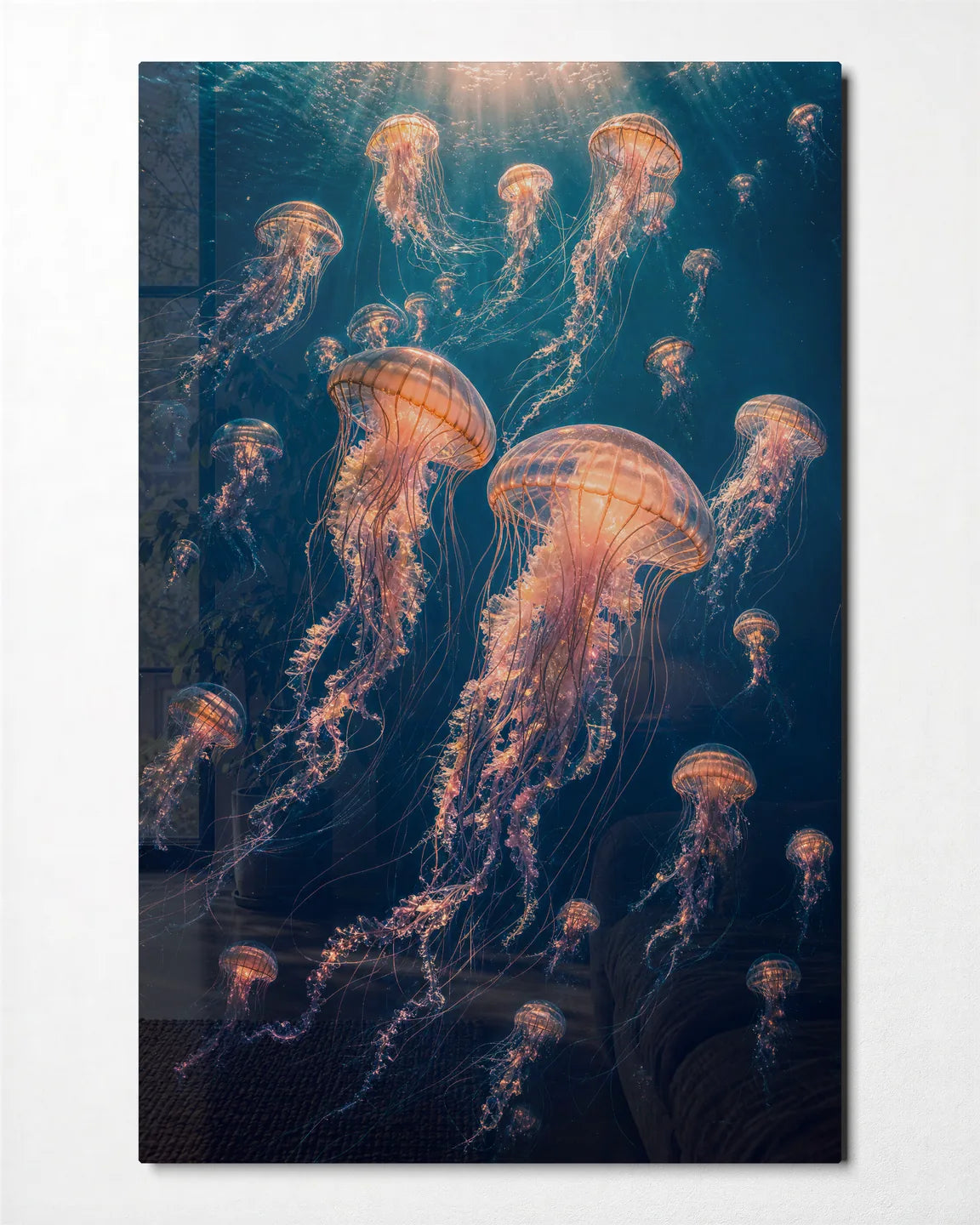Lanterns Underwater — front view of glass wall art