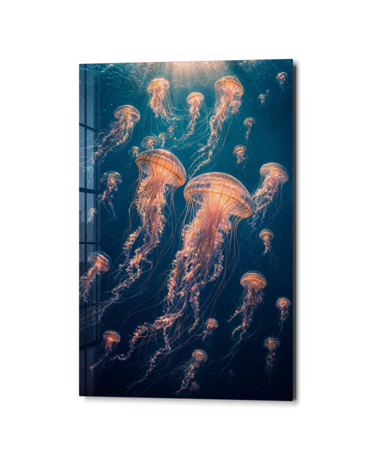Lanterns Underwater — studio view of glass wall art