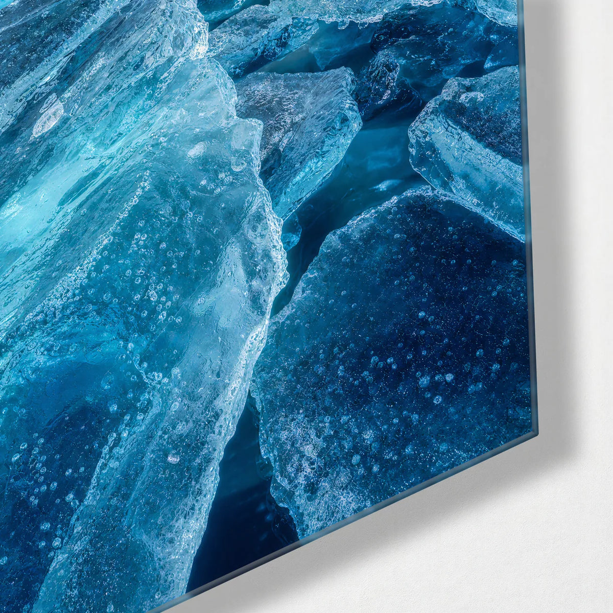 Blue Ice Field — corner detail of glass wall art