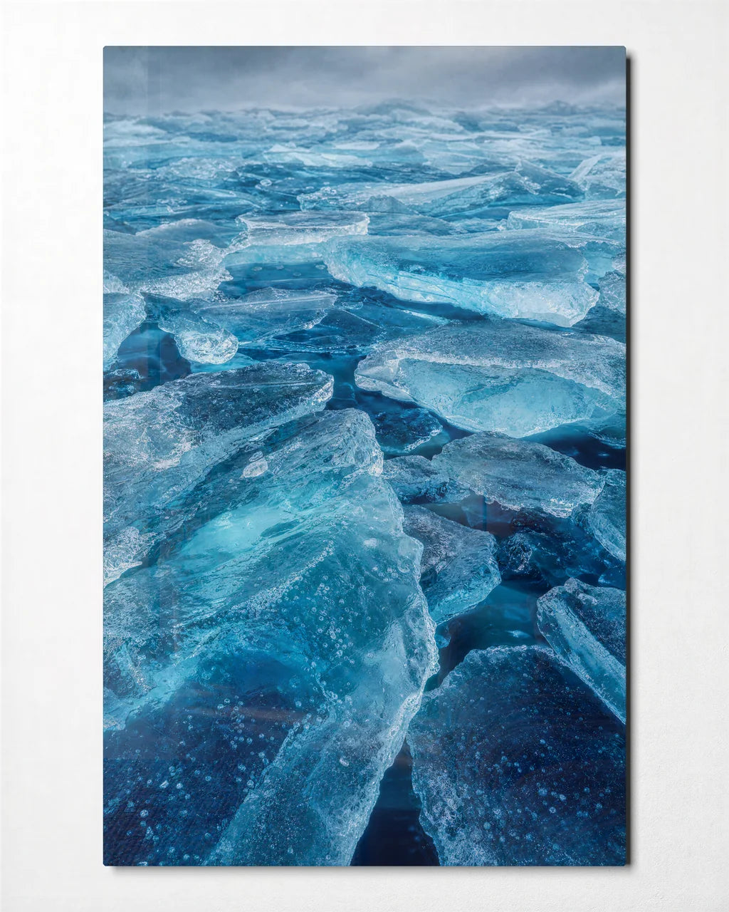 Blue Ice Field — front view of glass wall art