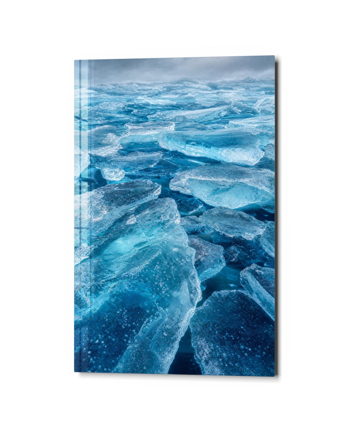 Blue Ice Field — studio view of glass wall art