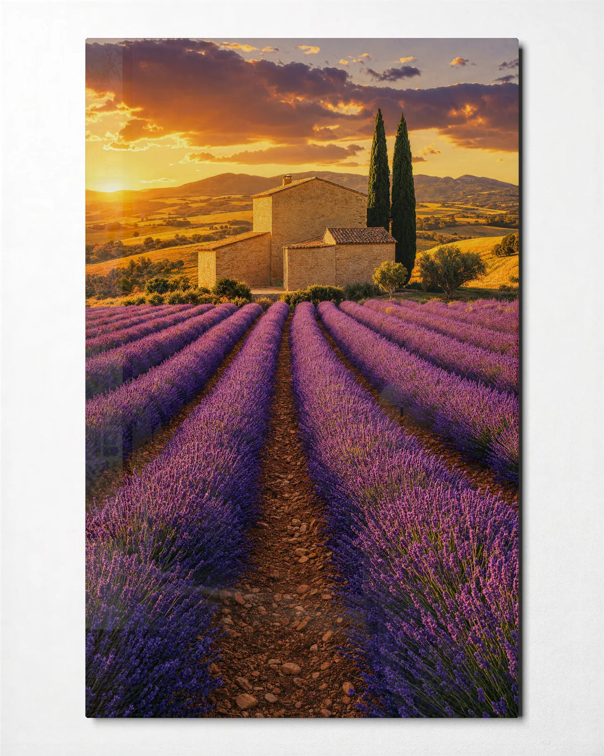 Lavender towards the House — front view of glass wall art