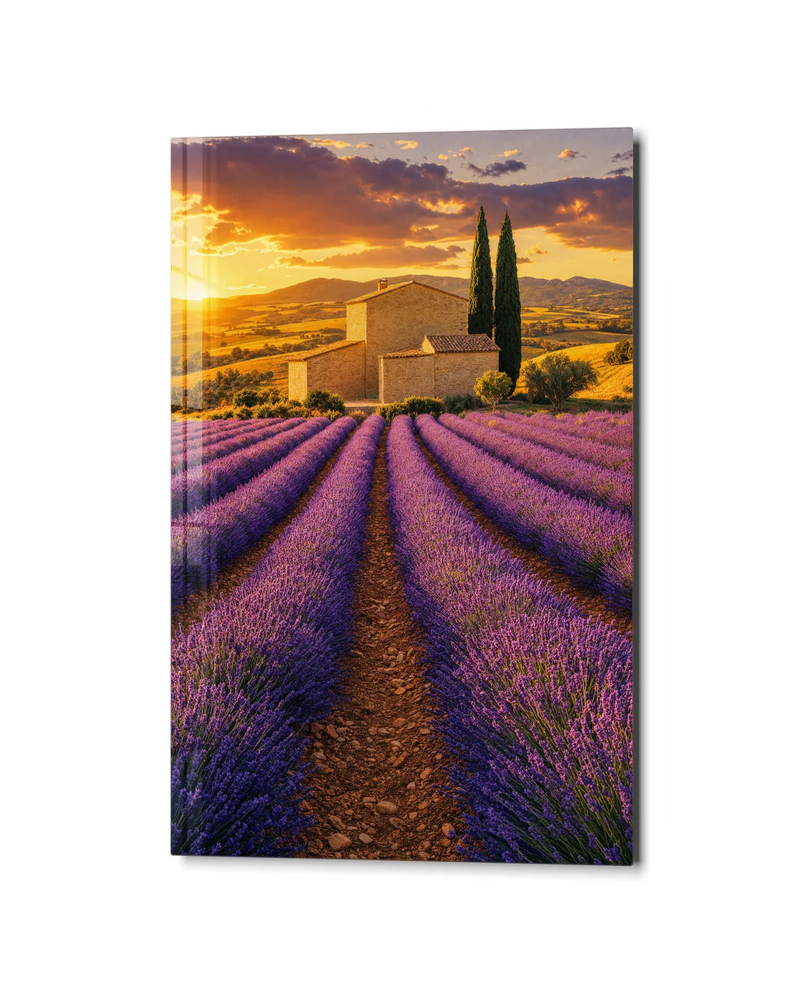 Lavender towards the House — studio view of glass wall art