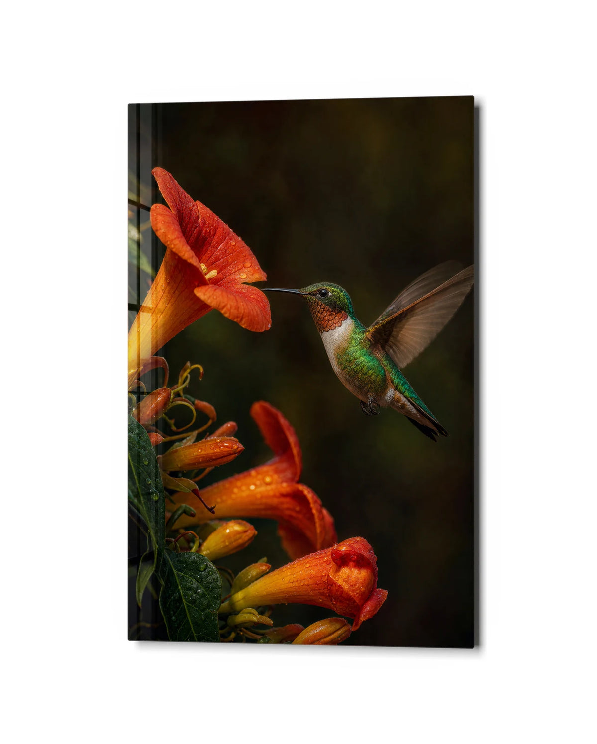 At the Orange Flower — studio view of glass wall art