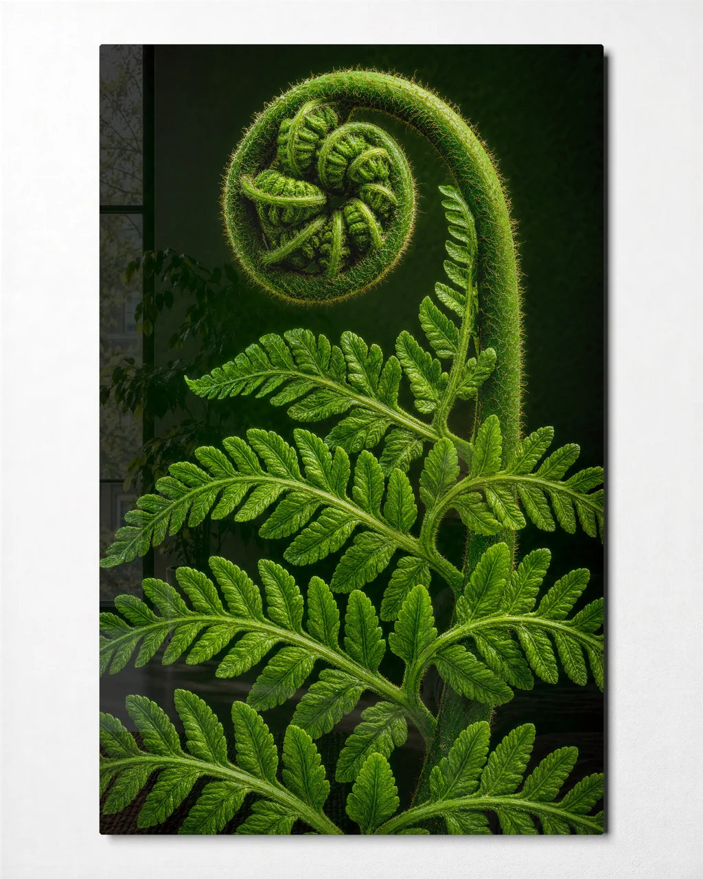 Fern Unfolding — front view of glass wall art