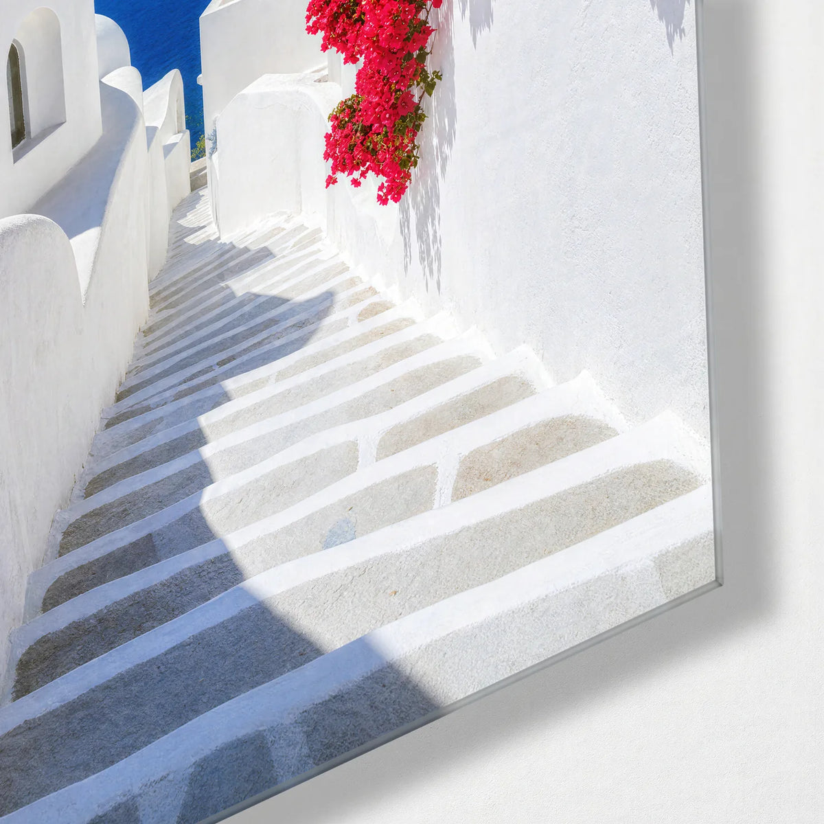 Blue Domes Red Blossom — corner detail of glass wall art
