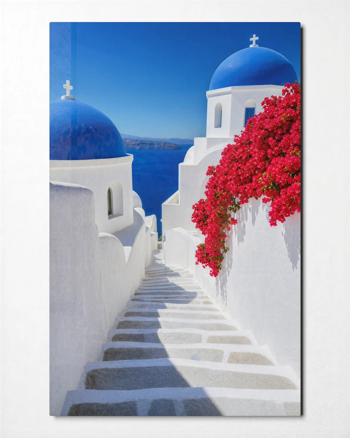 Blue Domes Red Blossom — front view of glass wall art
