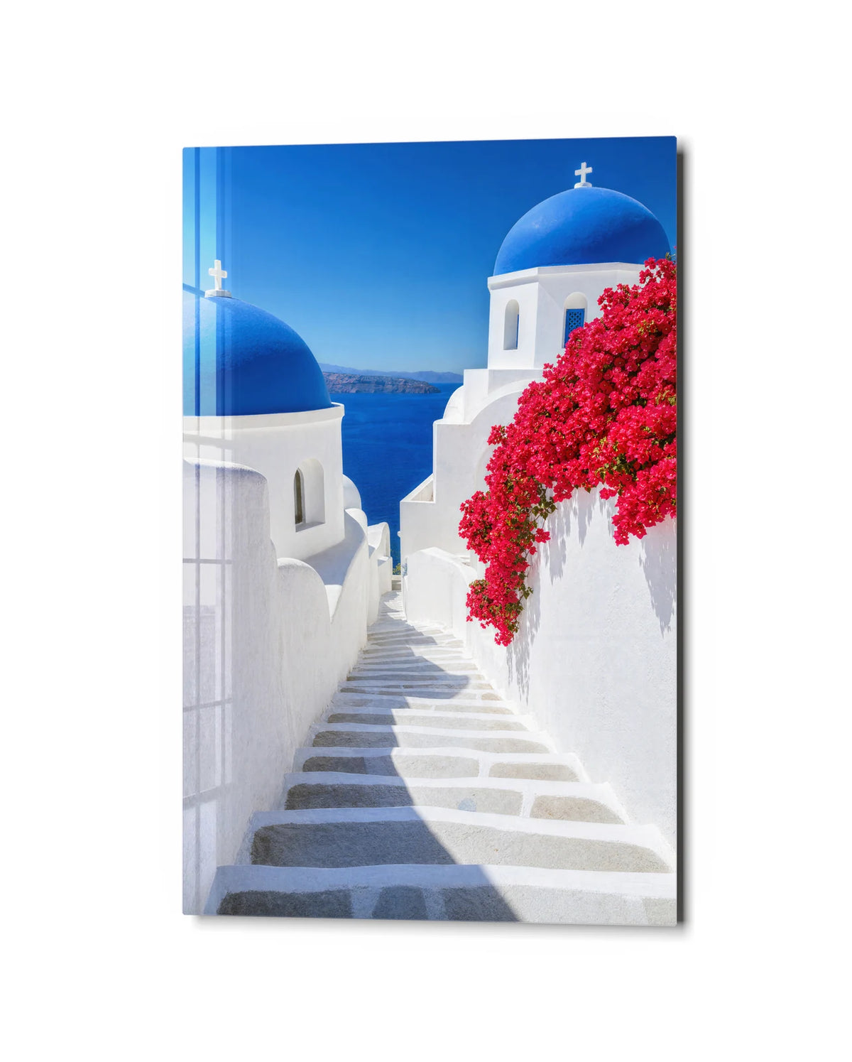 Blue Domes Red Blossom — studio view of glass wall art