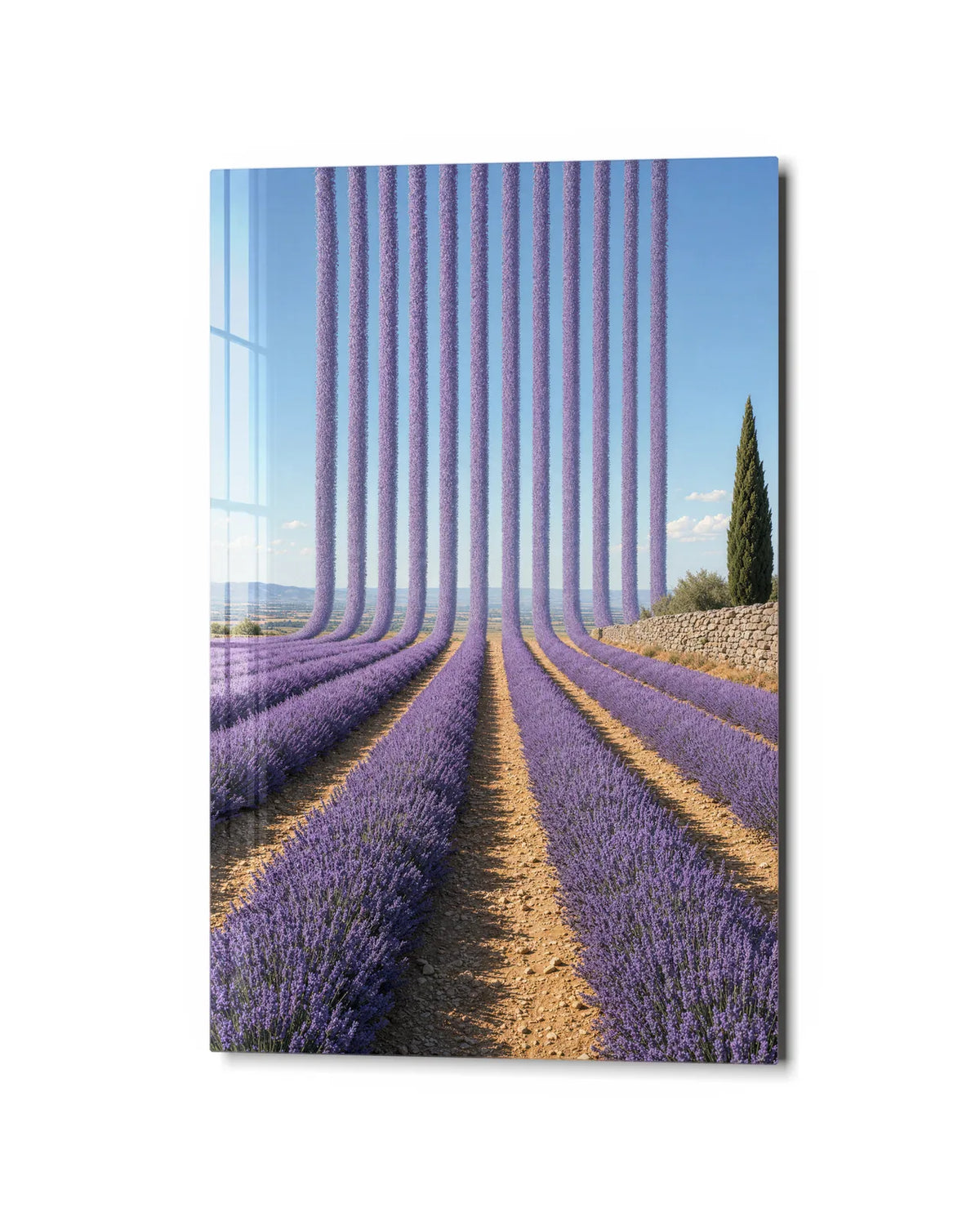 Lavender into the Sky — studio view of glass wall art