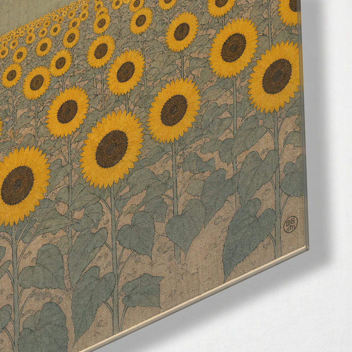 Sunflowers to the Hills — corner detail of glass wall art