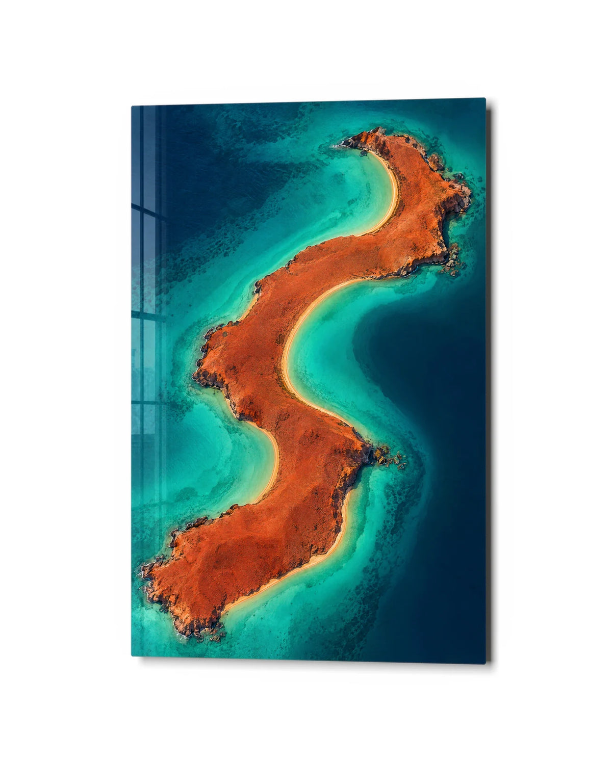 Turquoise S Curve — studio view of glass wall art