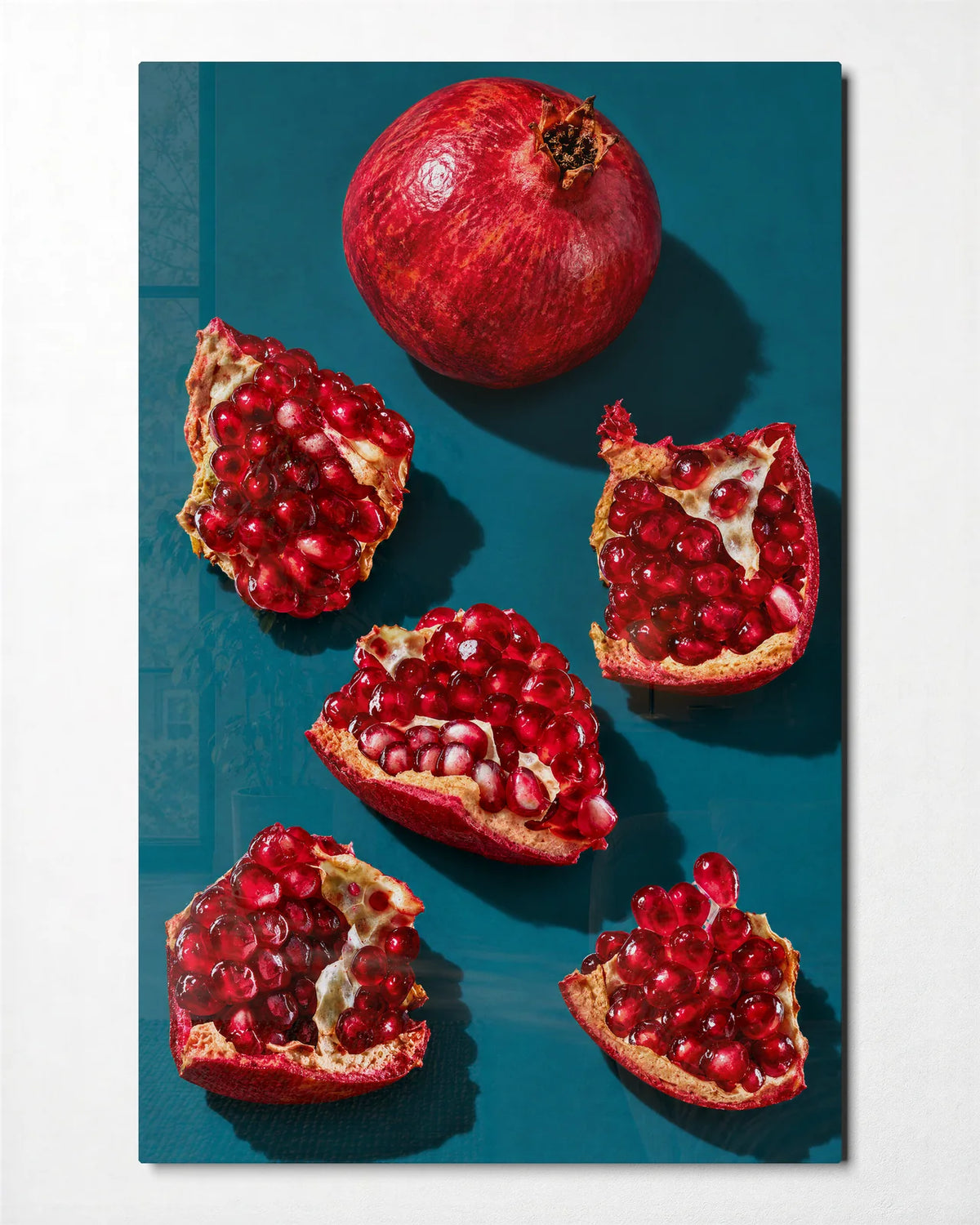 Pomegranate Pieces — front view of glass wall art