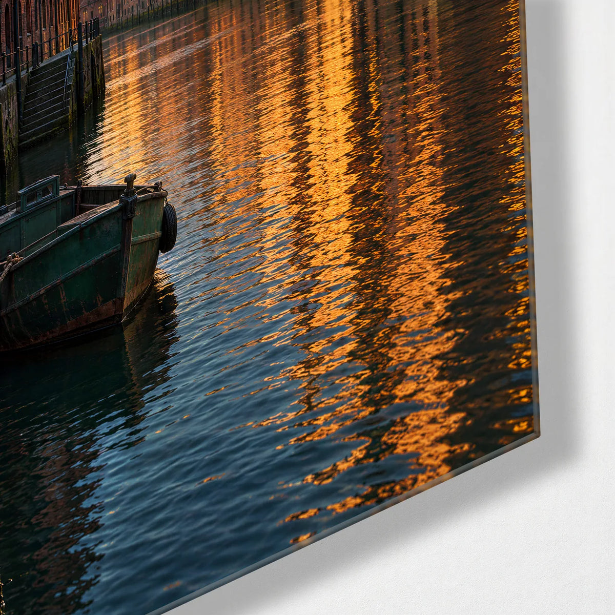 Canal in Amber — corner detail of glass wall art