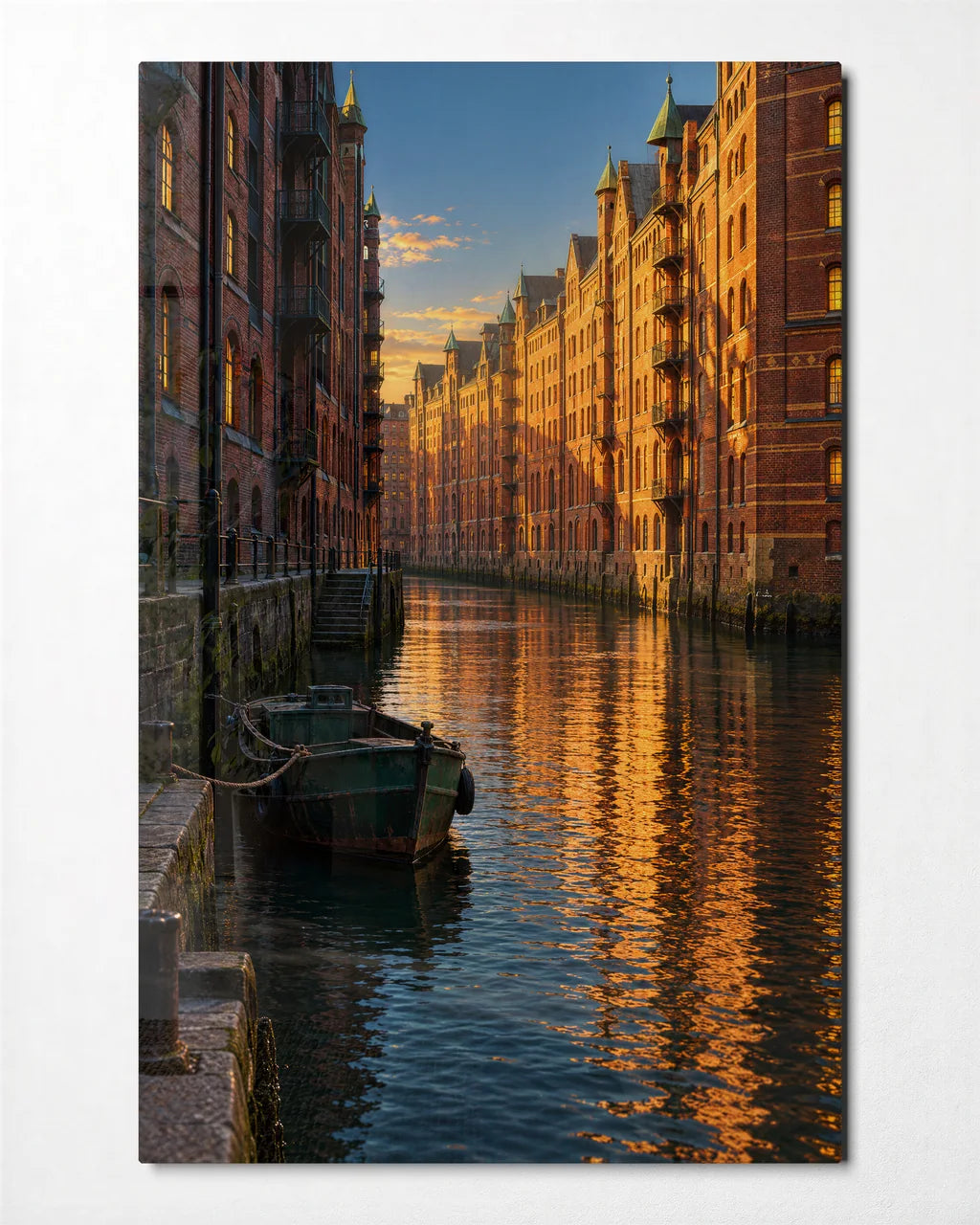 Canal in Amber — front view of glass wall art