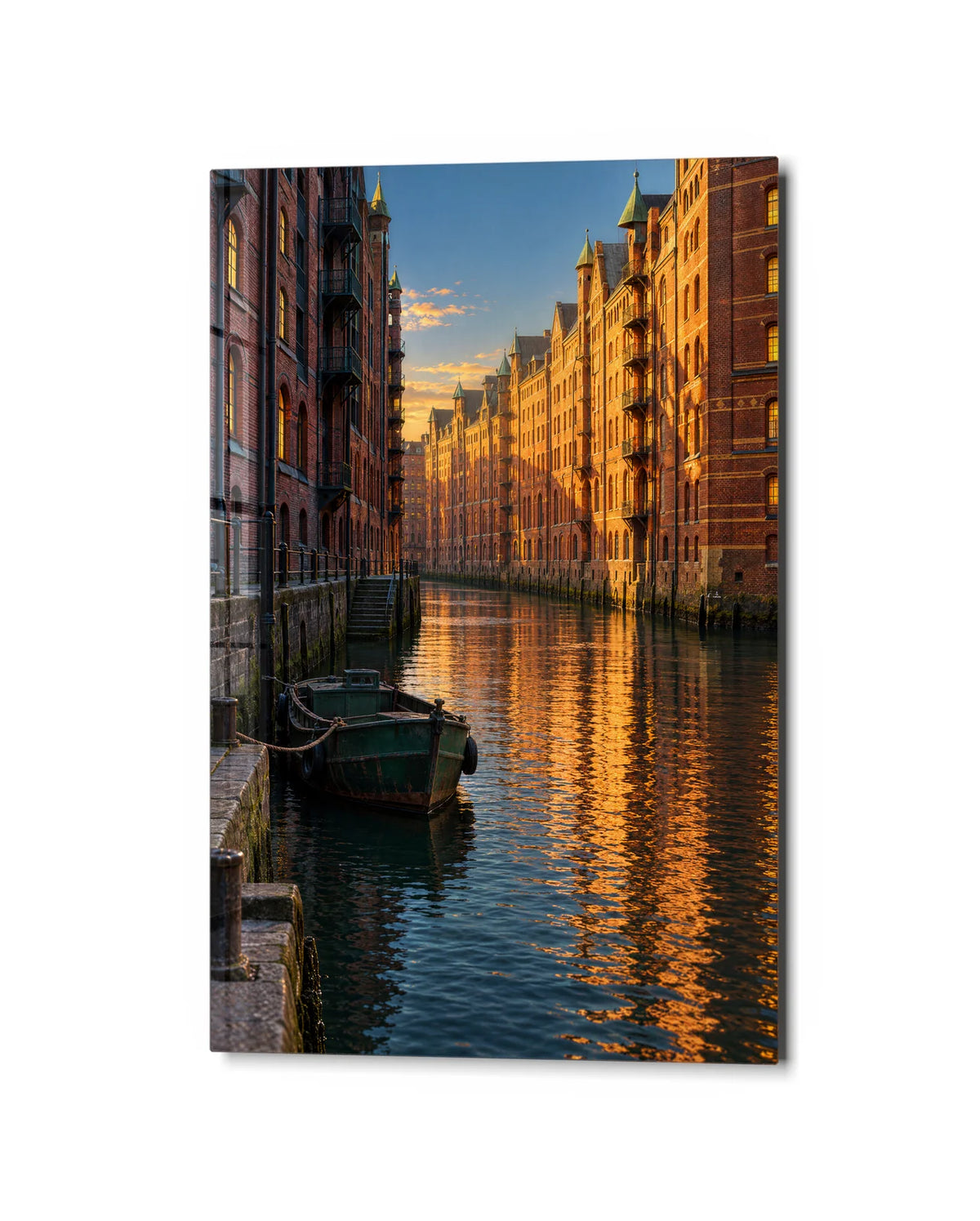 Canal in Amber — studio view of glass wall art