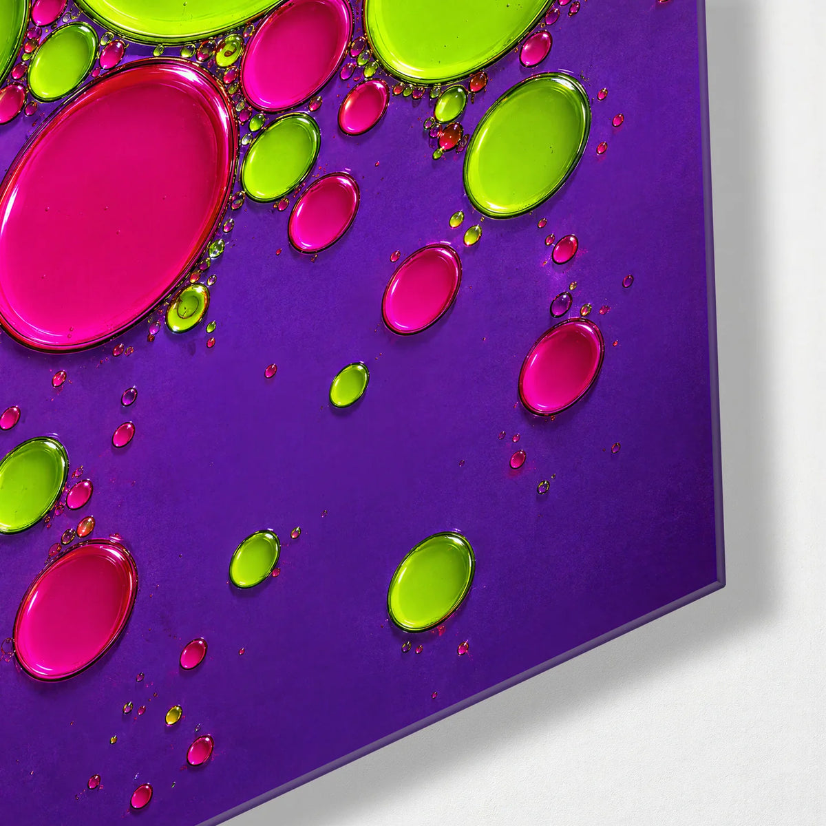 Pink and Lime Drops — corner detail of glass wall art