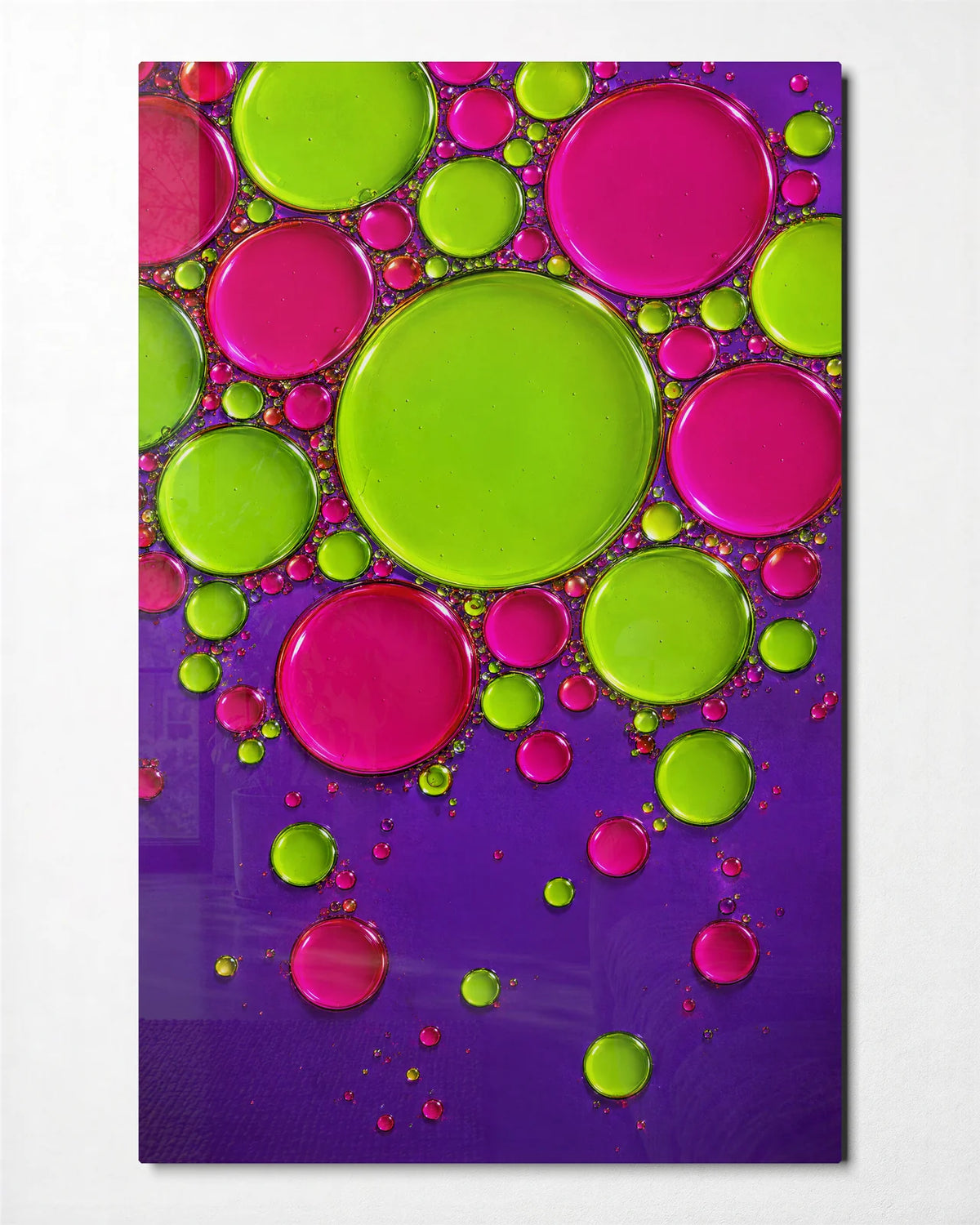 Pink and Lime Drops — front view of glass wall art