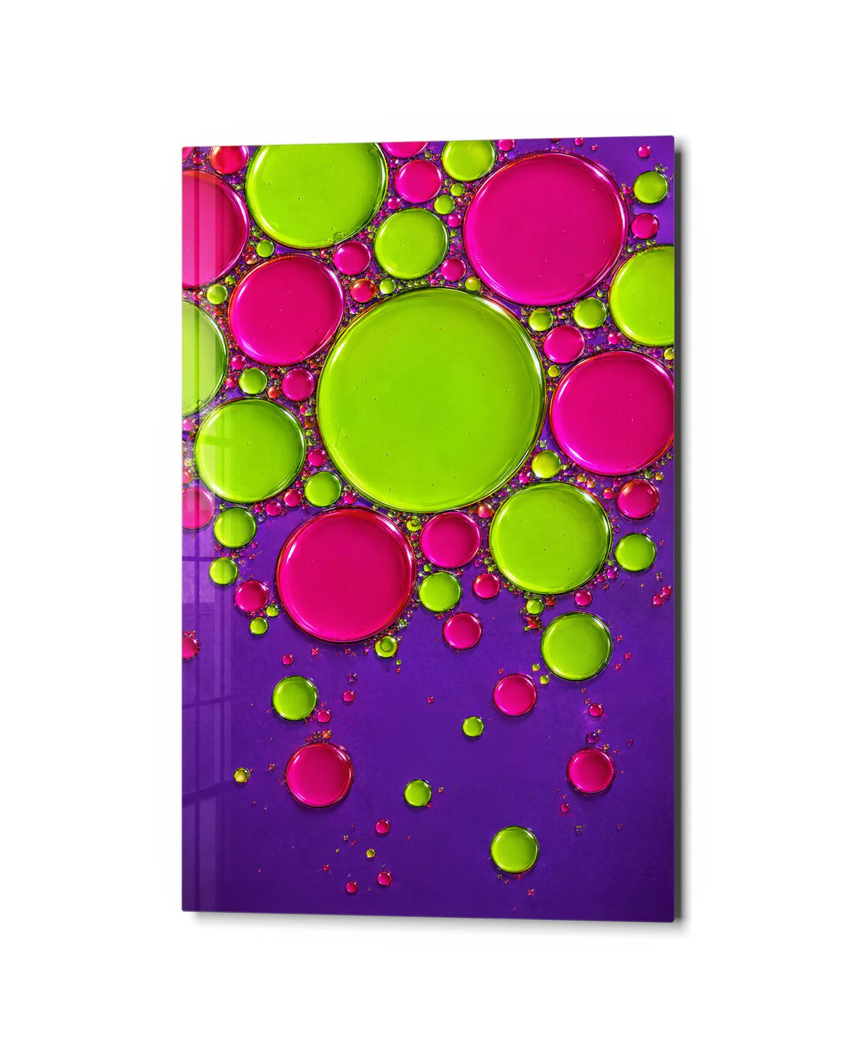 Pink and Lime Drops — studio view of glass wall art