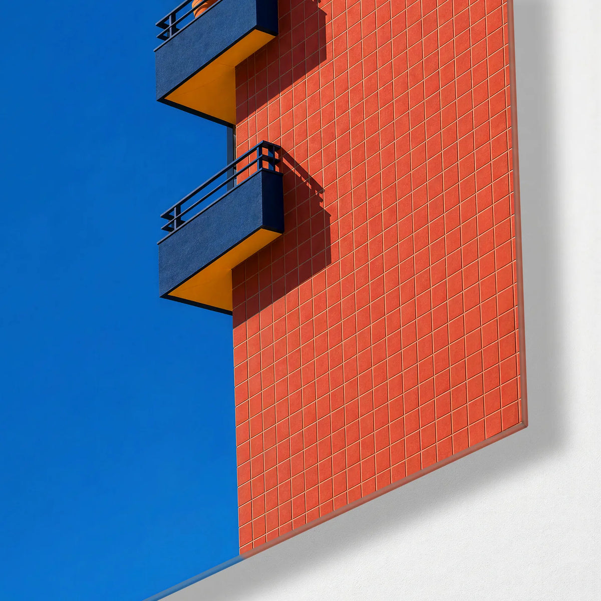 Balconies Against Blue — corner detail of glass wall art