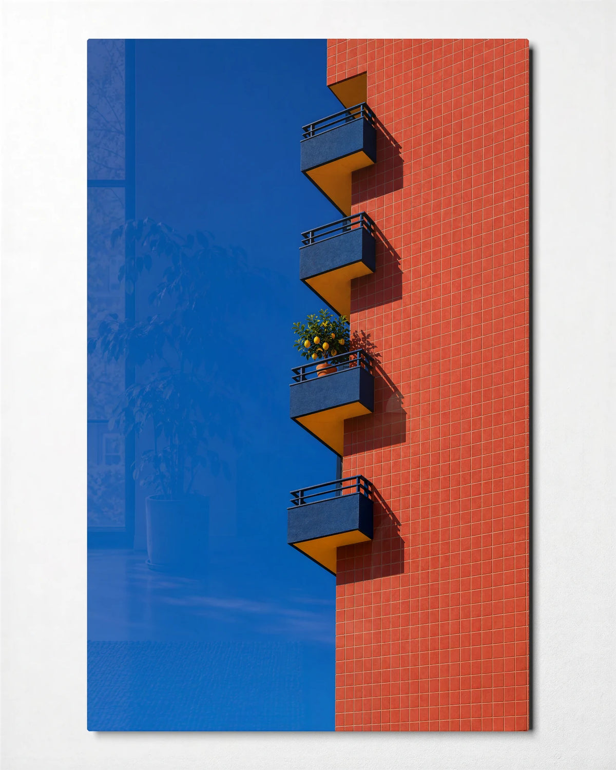 Balconies Against Blue — front view of glass wall art
