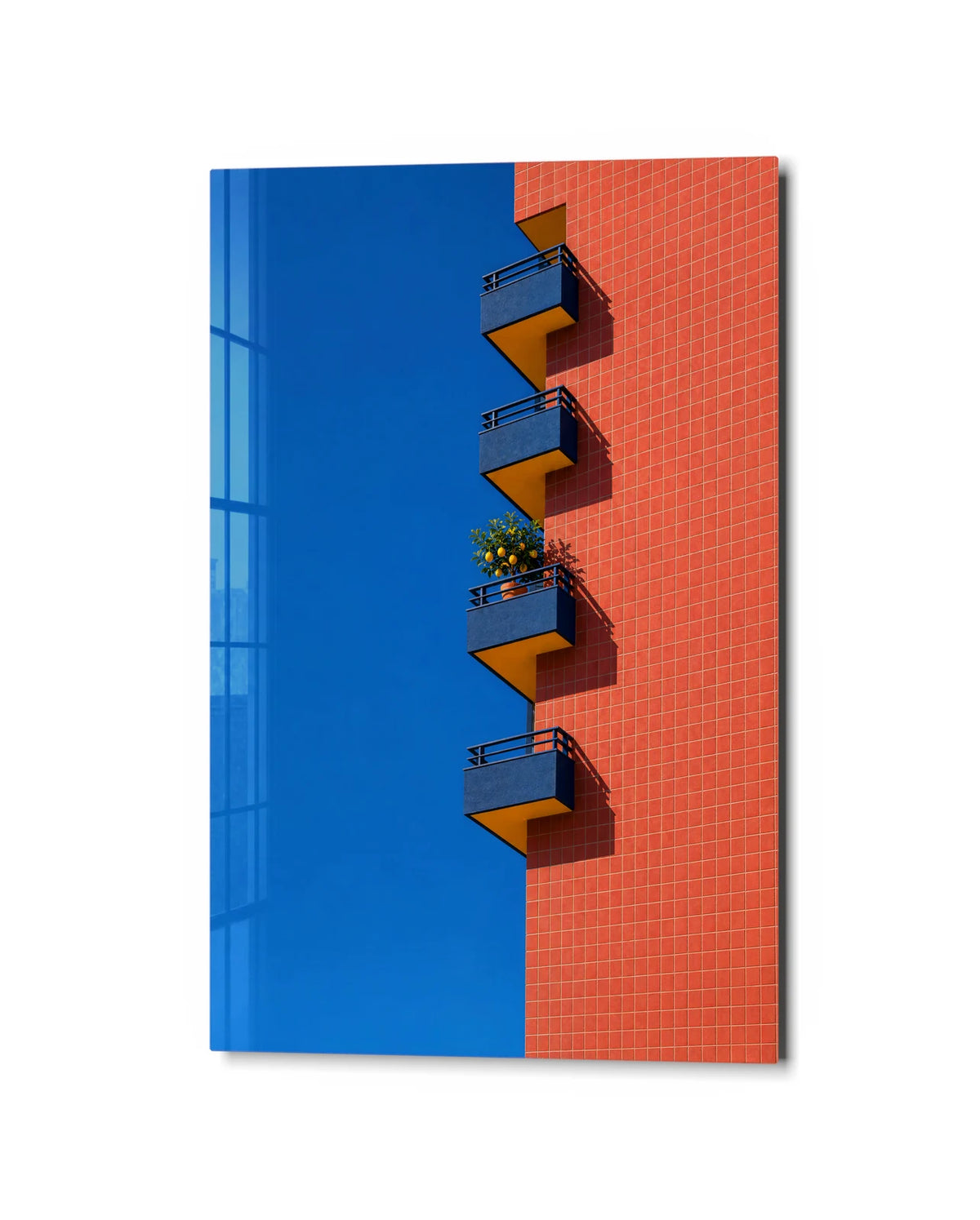 Balconies Against Blue — studio view of glass wall art
