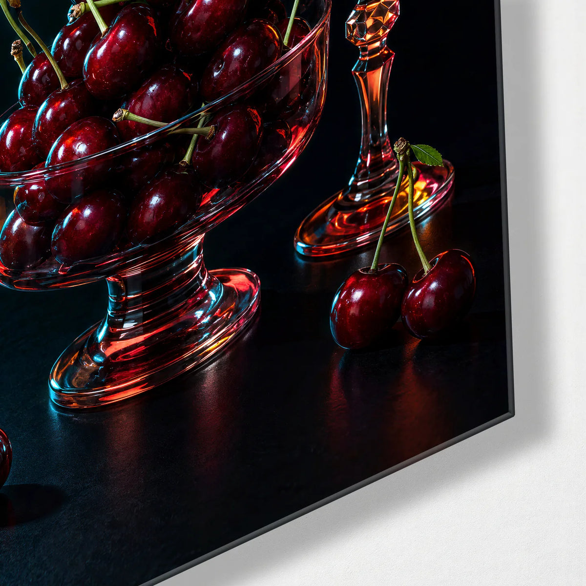 Cherries after Hours — corner detail of glass wall art