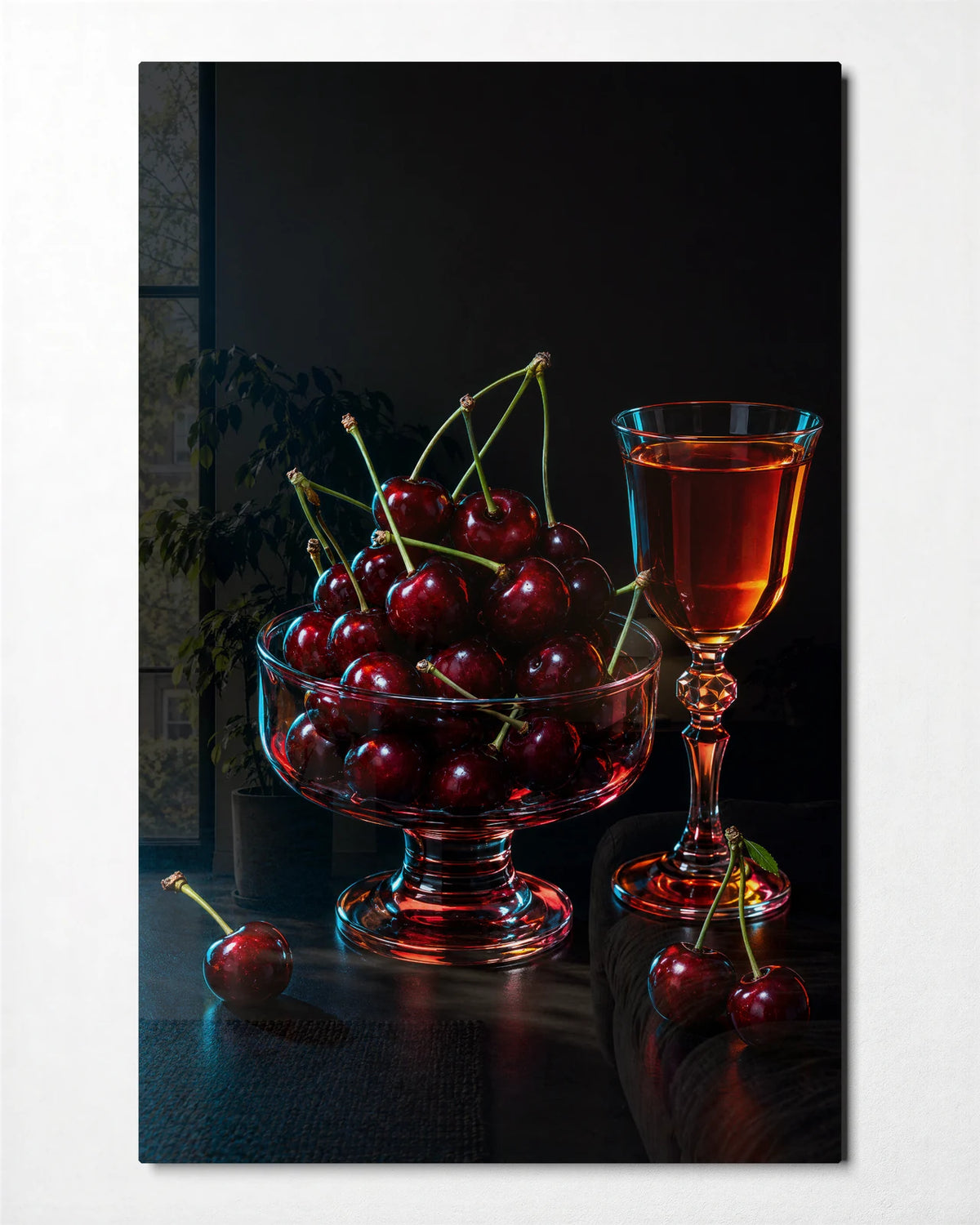 Cherries after Hours — front view of glass wall art