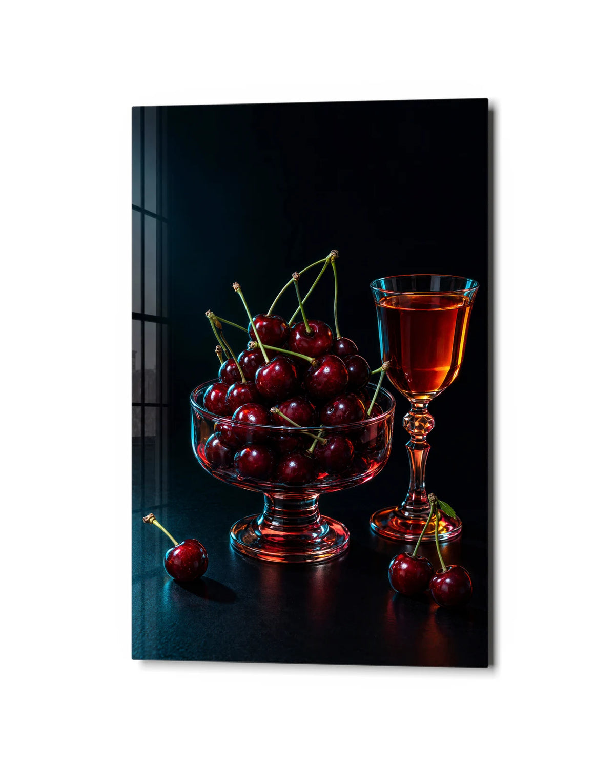 Cherries after Hours — studio view of glass wall art