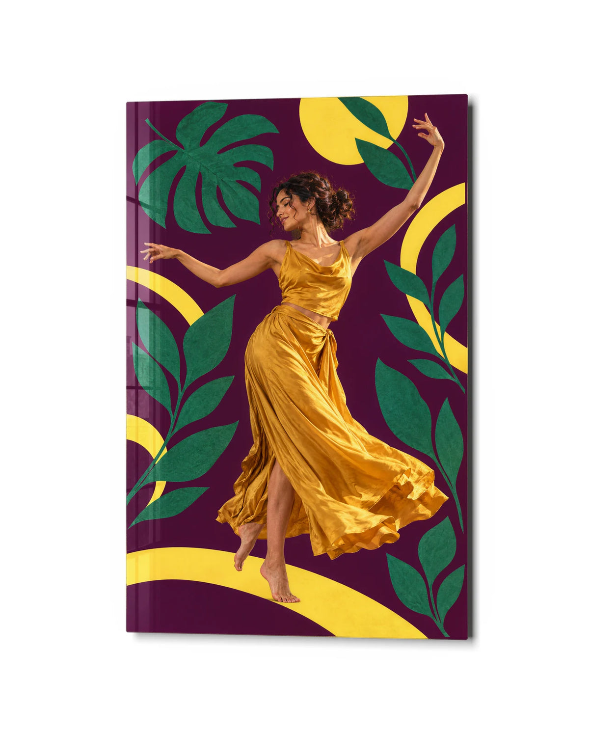 Dance Among Leaves — studio view of glass wall art