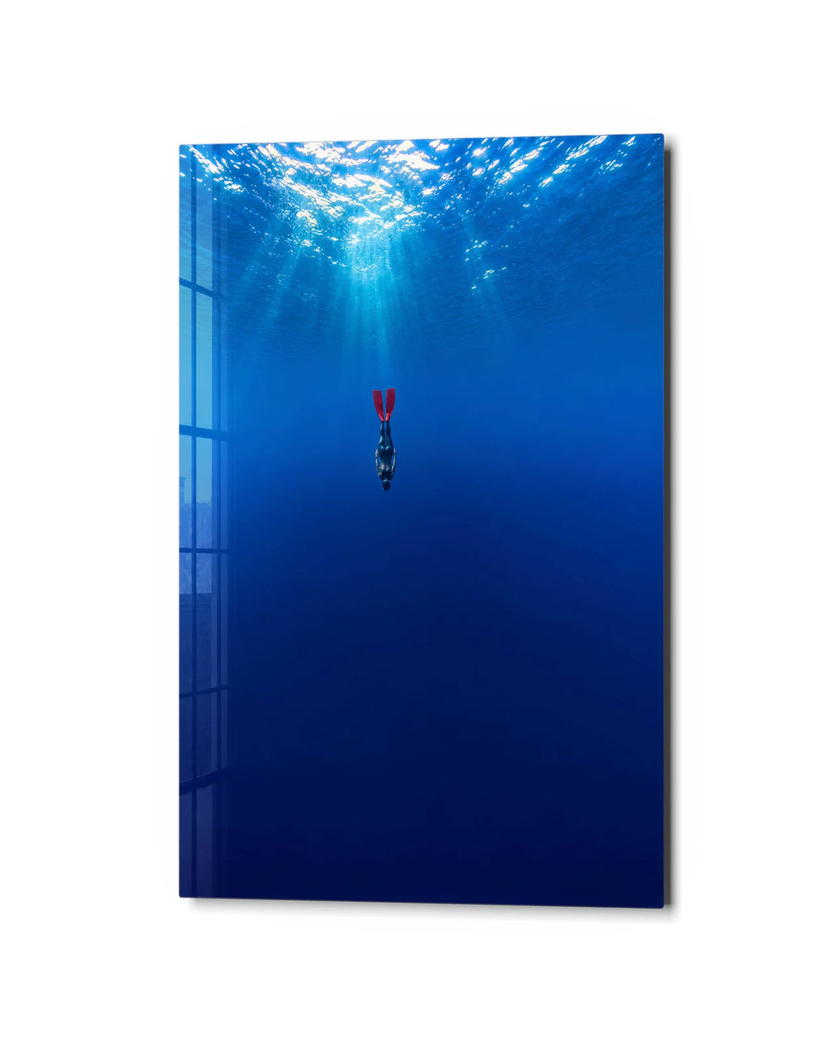 Into the Blue — studio view of glass wall art