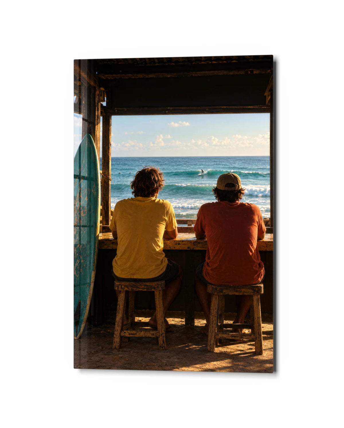 Front Row to the Sea — studio view of glass wall art
