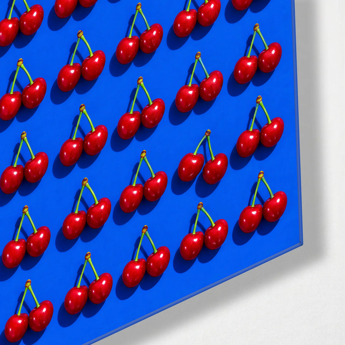 Cherry Grid — corner detail of glass wall art