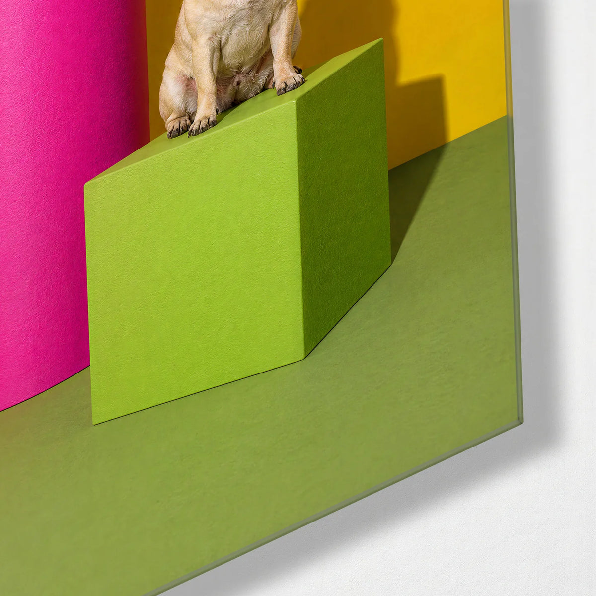 Pug on a Pedestal — corner detail of glass wall art