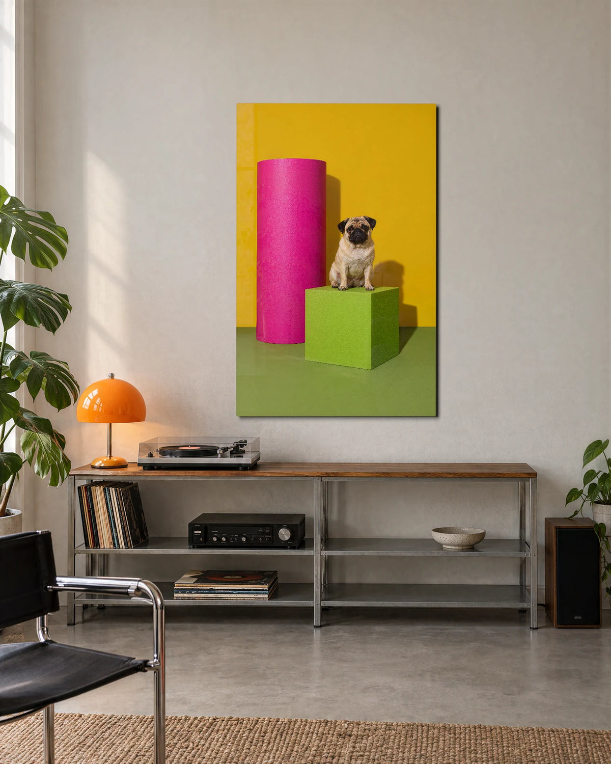 Pug on a Pedestal — shown in a living space
