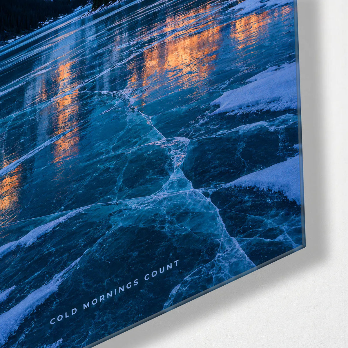 First Light on Ice — corner detail of glass wall art