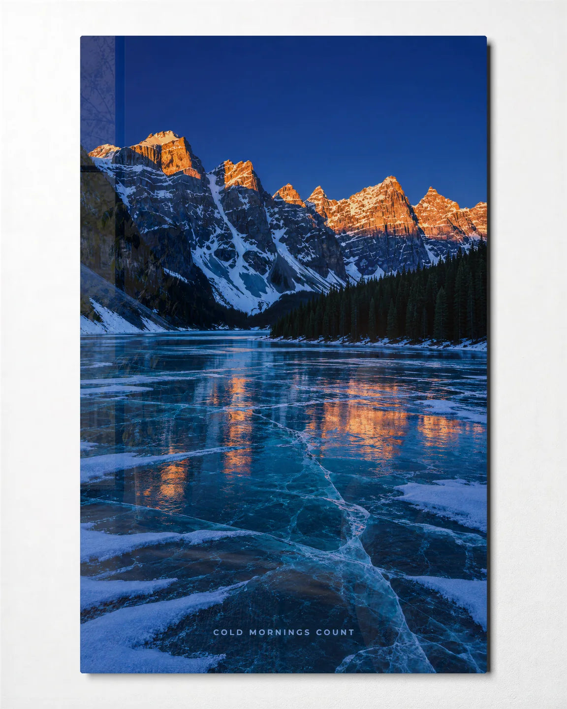First Light on Ice — front view of glass wall art