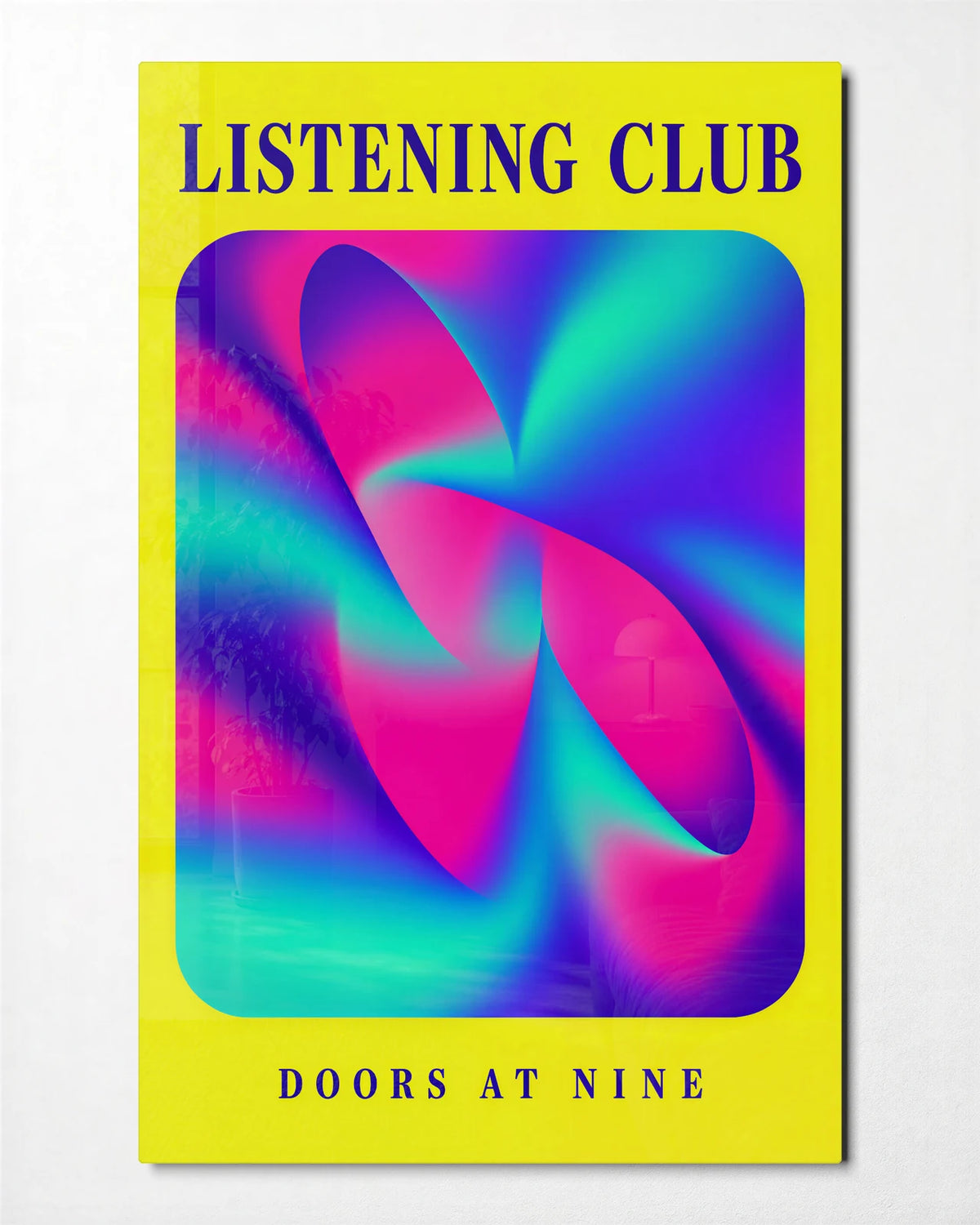 Listening Club — front view of glass wall art