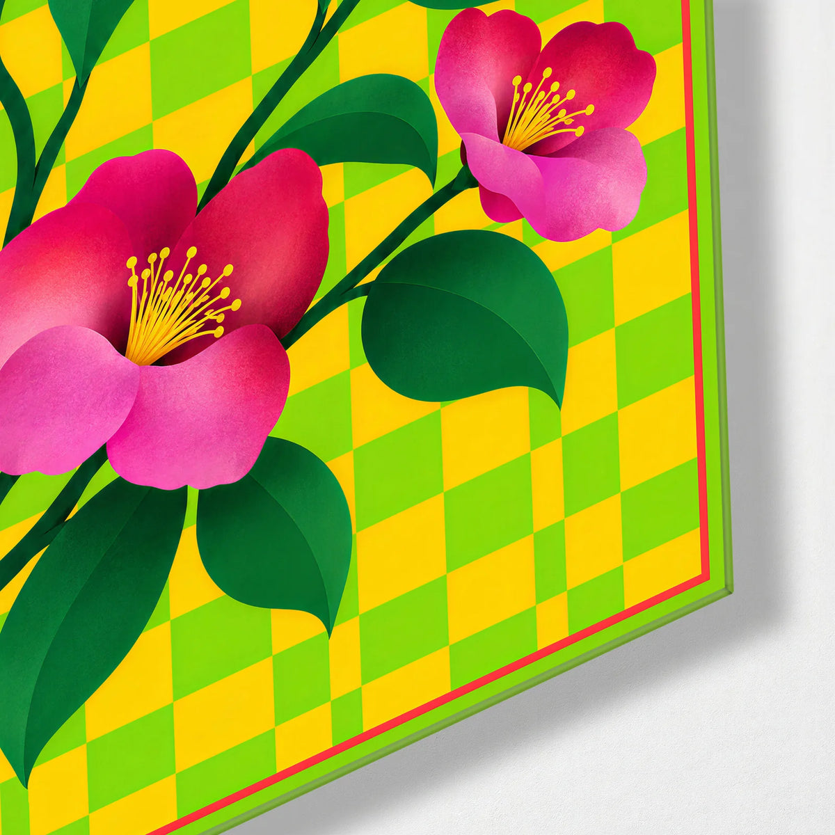Flowers on Check — corner detail of glass wall art