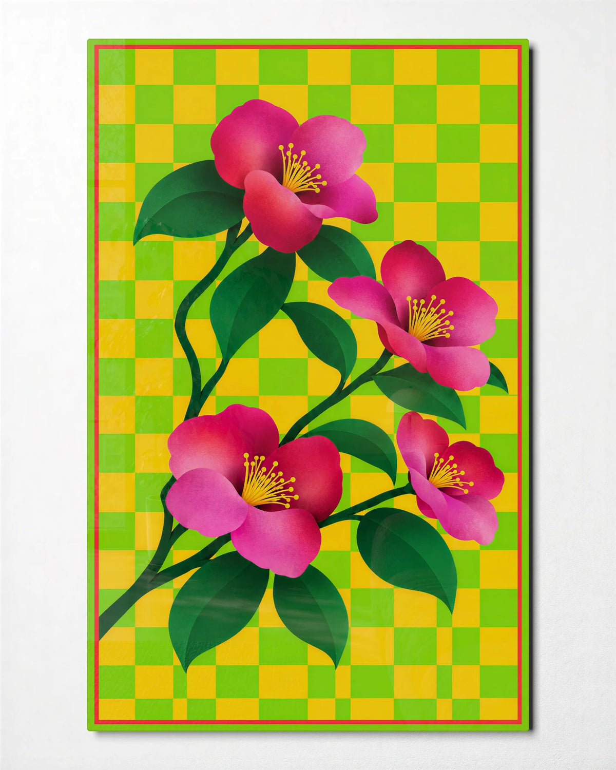 Flowers on Check — front view of glass wall art