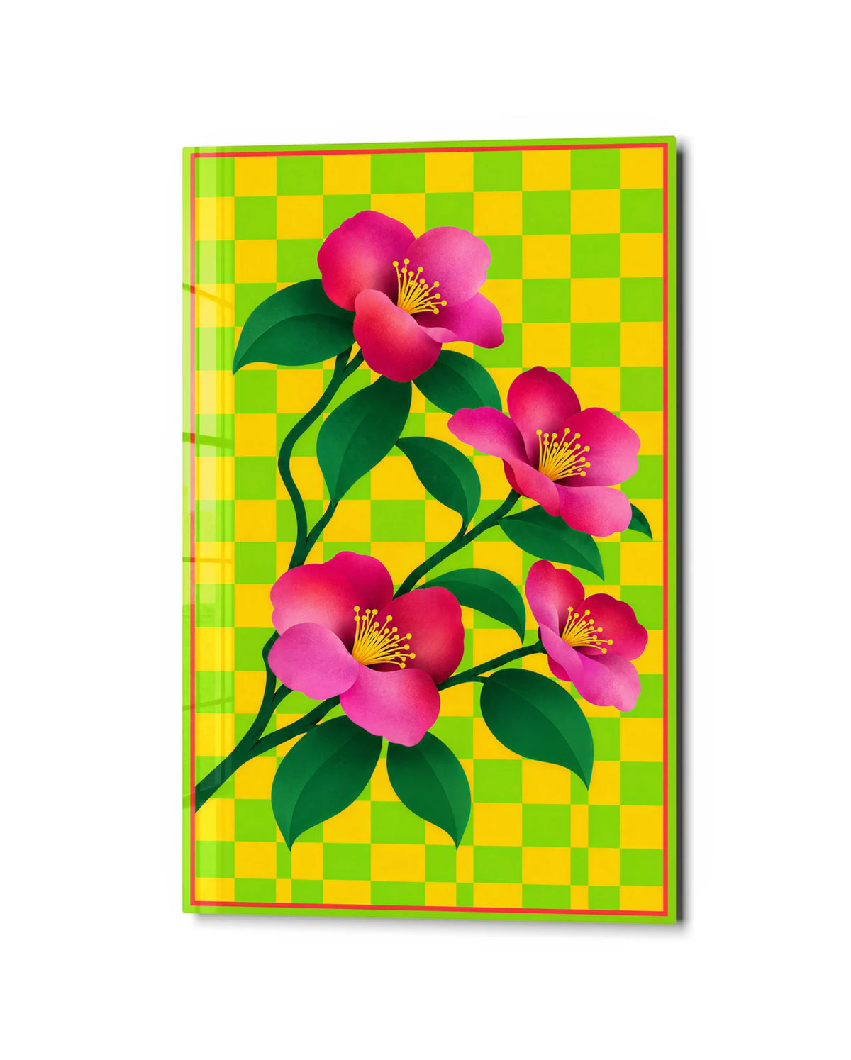 Flowers on Check — studio view of glass wall art