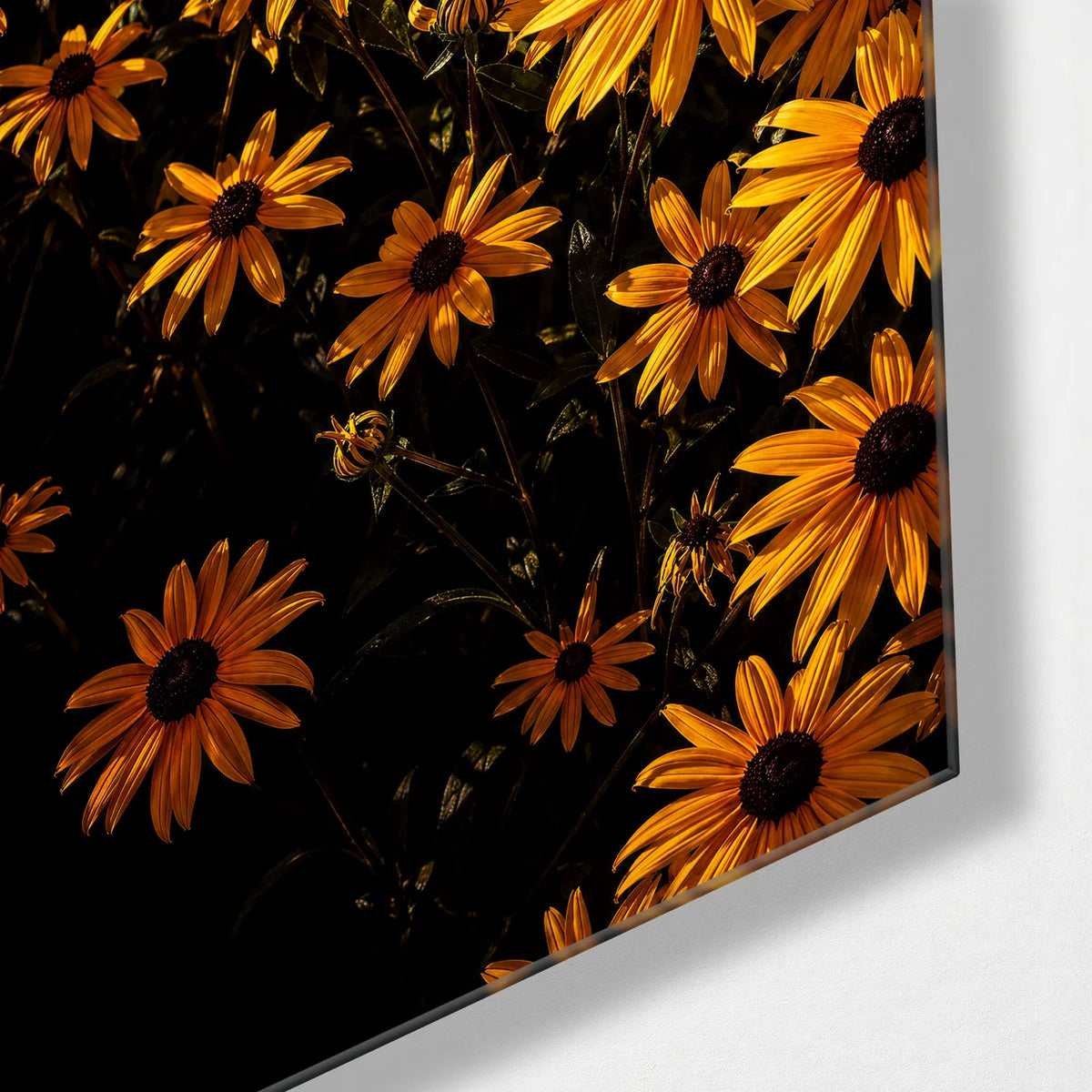 Gold Flowers after Dark — corner detail of glass wall art