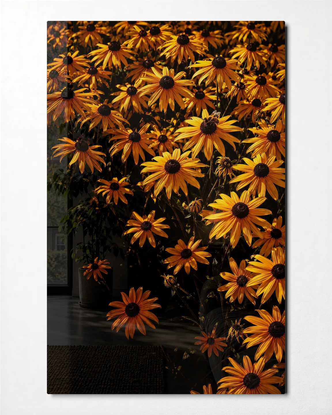 Gold Flowers after Dark — front view of glass wall art