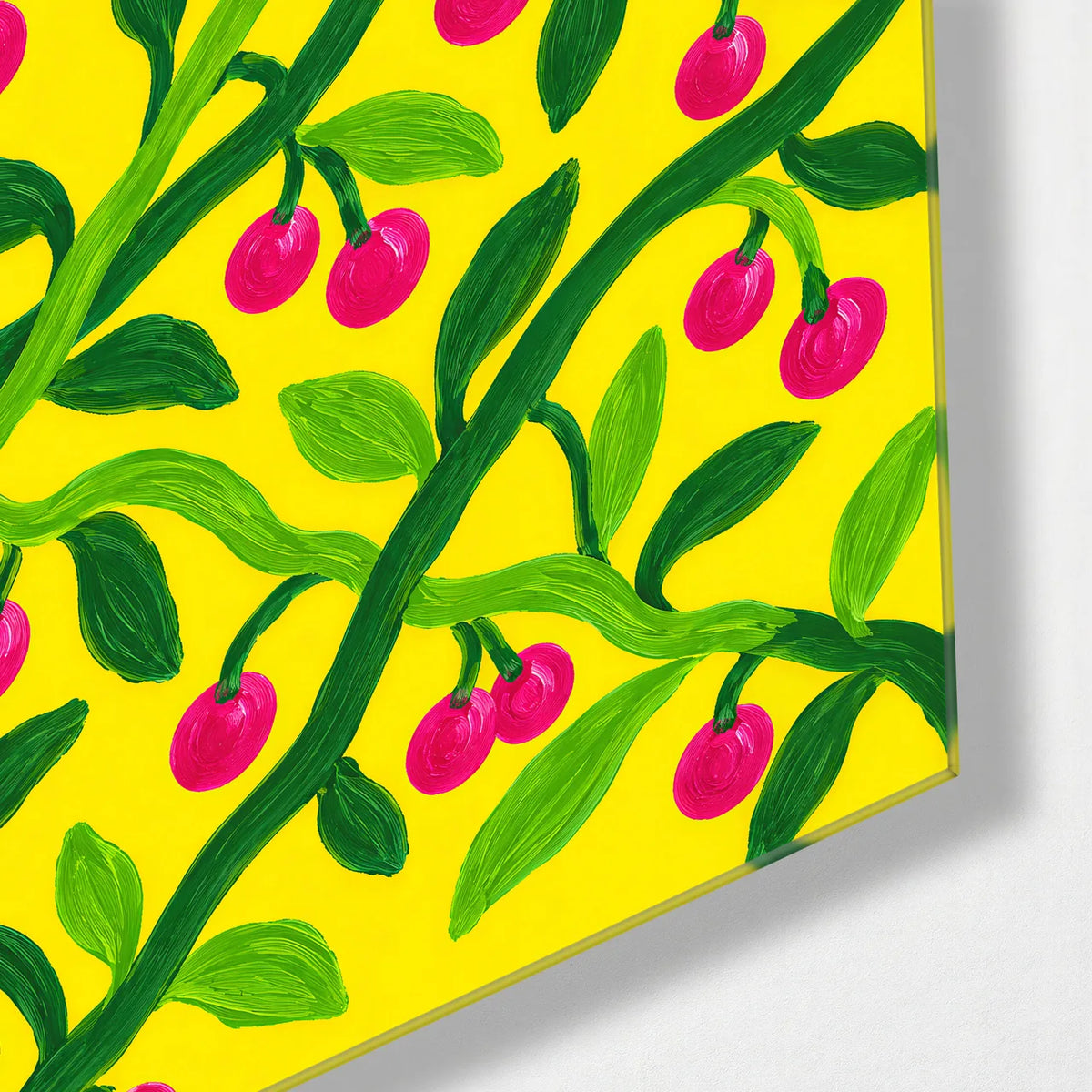 Cherries on Yellow — corner detail of glass wall art