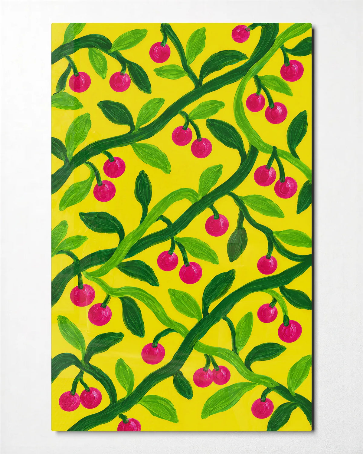 Cherries on Yellow — front view of glass wall art