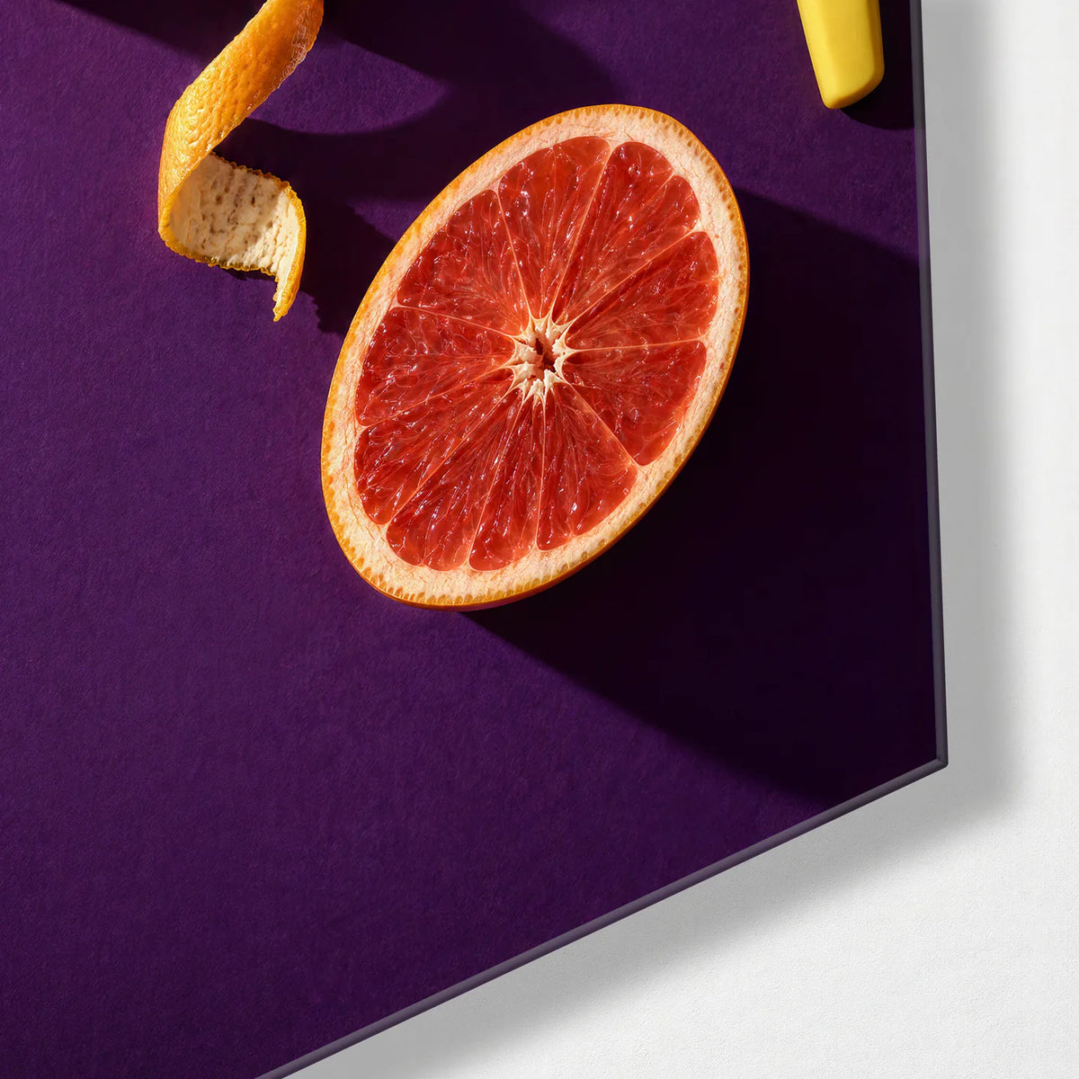Citrus on Purple — corner detail of glass wall art